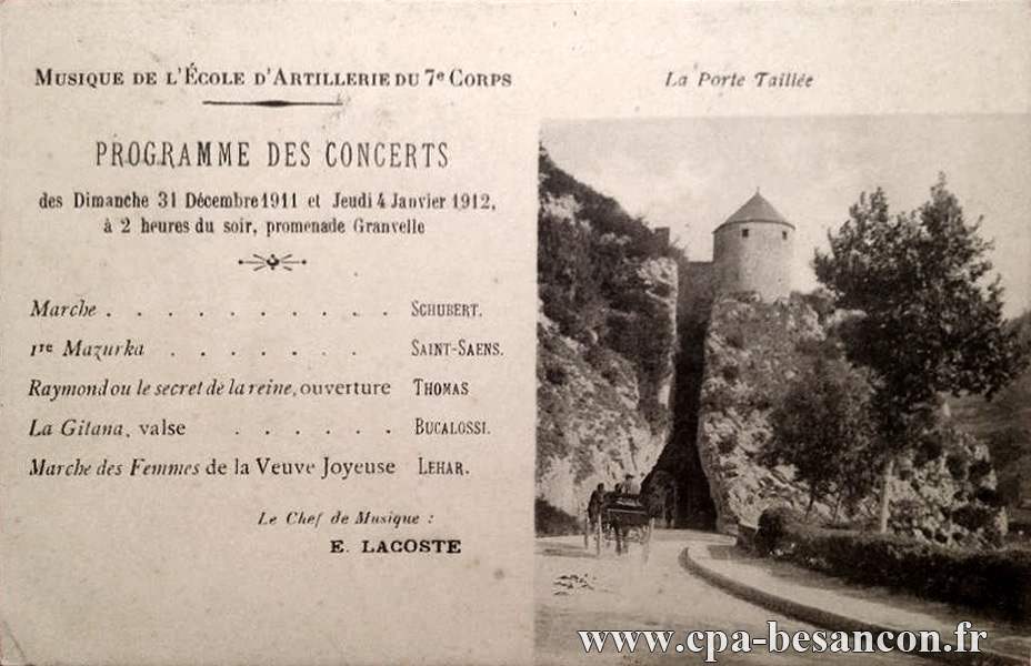 Musique de l’École d'Artillerie du 7e Corps - Besançon - La Porte Taillée - Programme des Concerts des Dimanche 31 Décembre 1911 et Jeudi 4 Janvier 1912